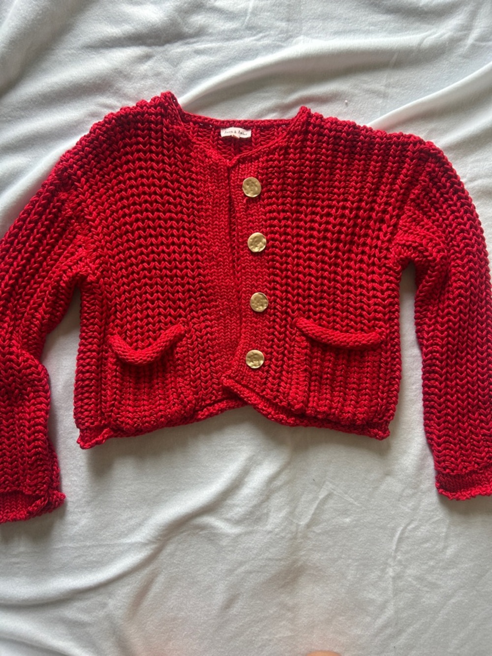 Crochet-Style Red Button Cardigan Sweater